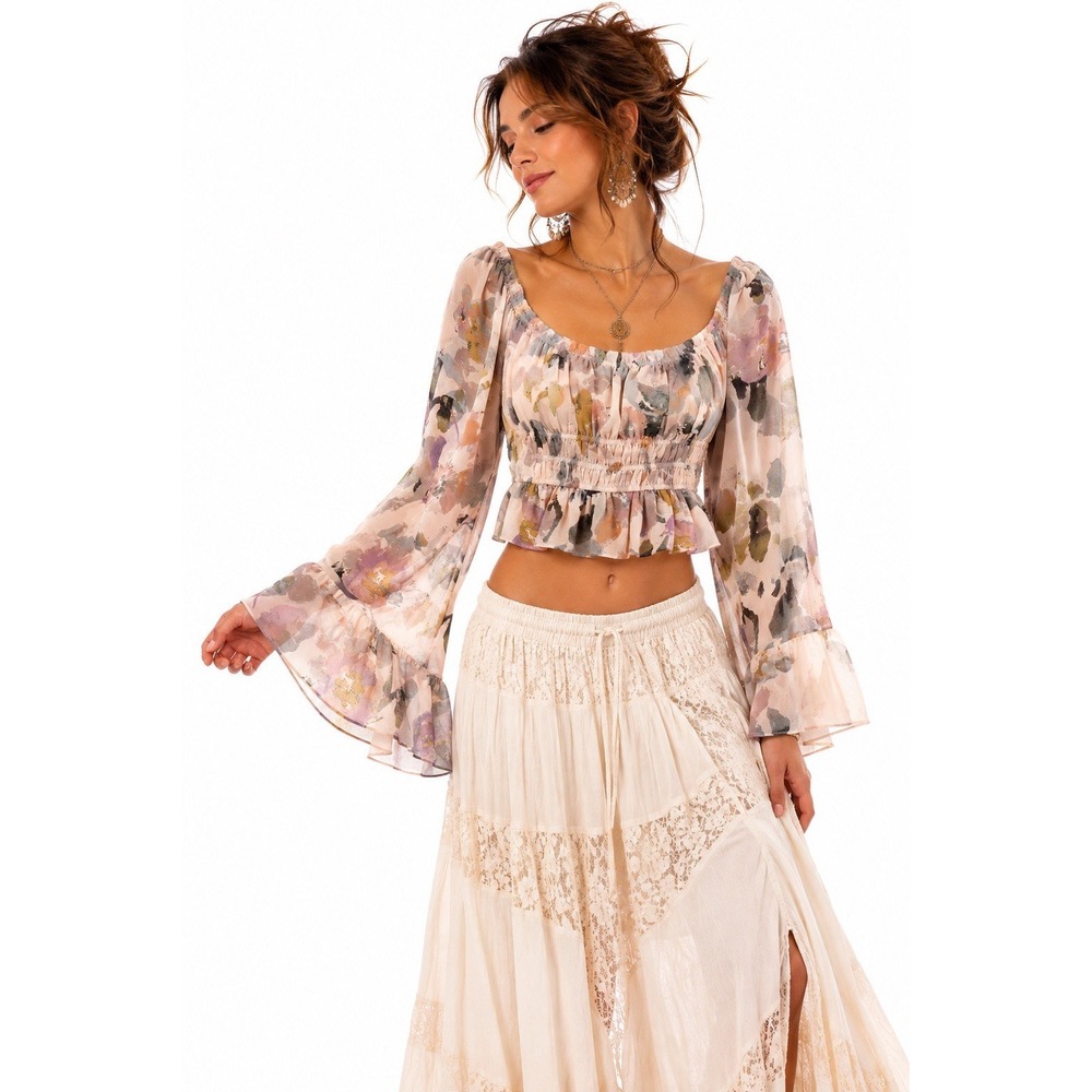 Boho Floral Crop Top S Pink Smocked Tiered Bell Sleeve Festival Fairy Romantic